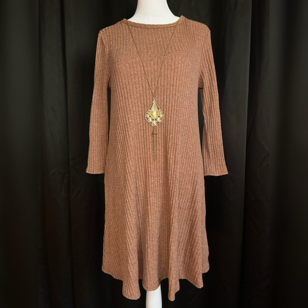 Ribbed Brown Long Sleeve Dress